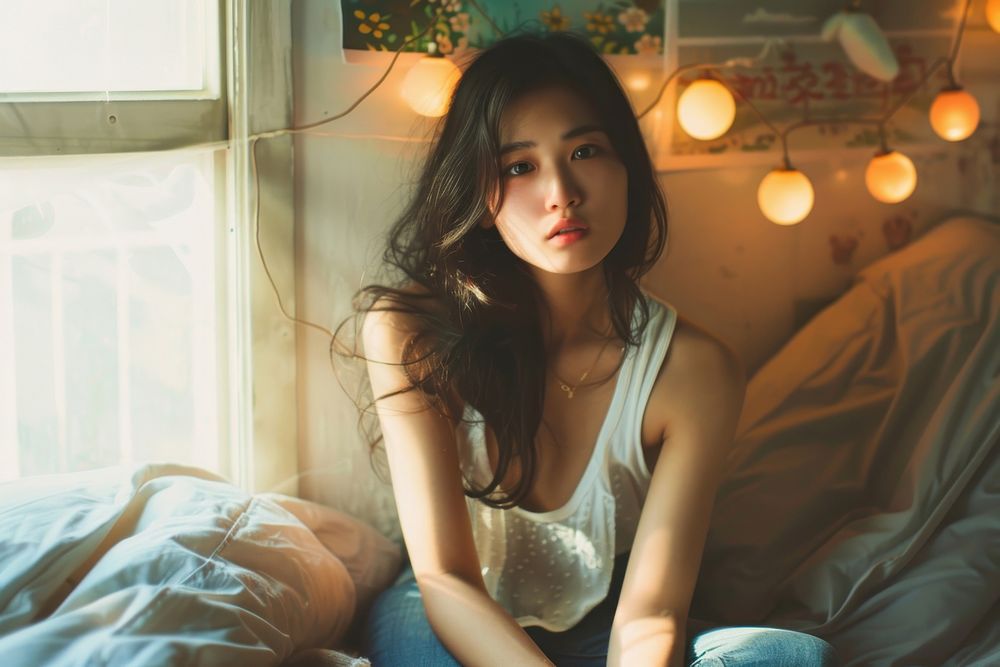 Asian girl looking tired sitting on bed portrait worried adult.