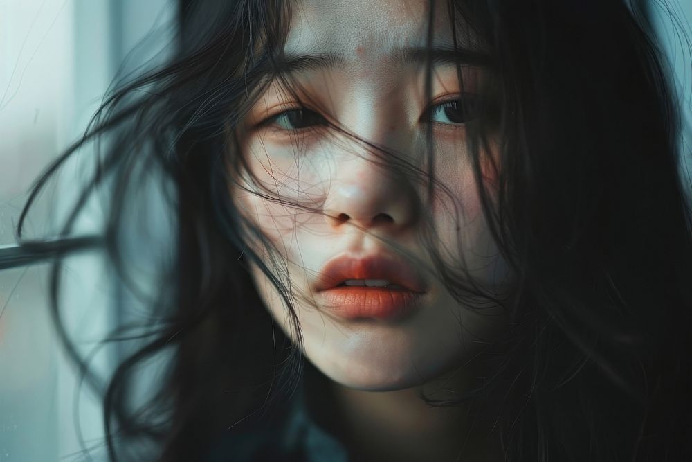 Asian girl looks tired portrait photo skin.