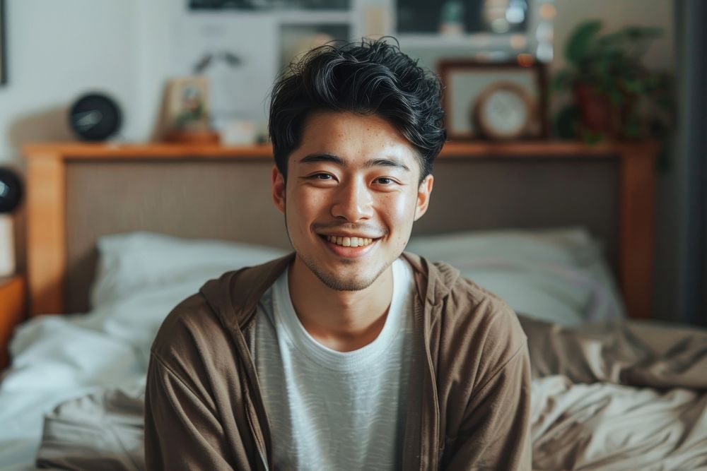 Asian men looking happy sitting on bed furniture adult smile.