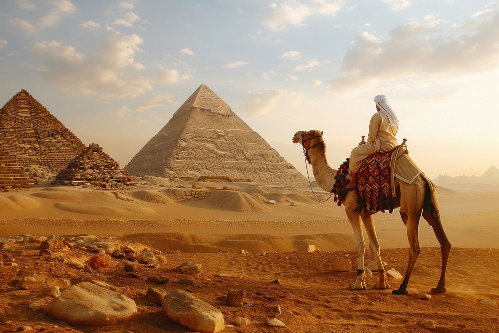 Bedouin on camel pyramid architecture desert.