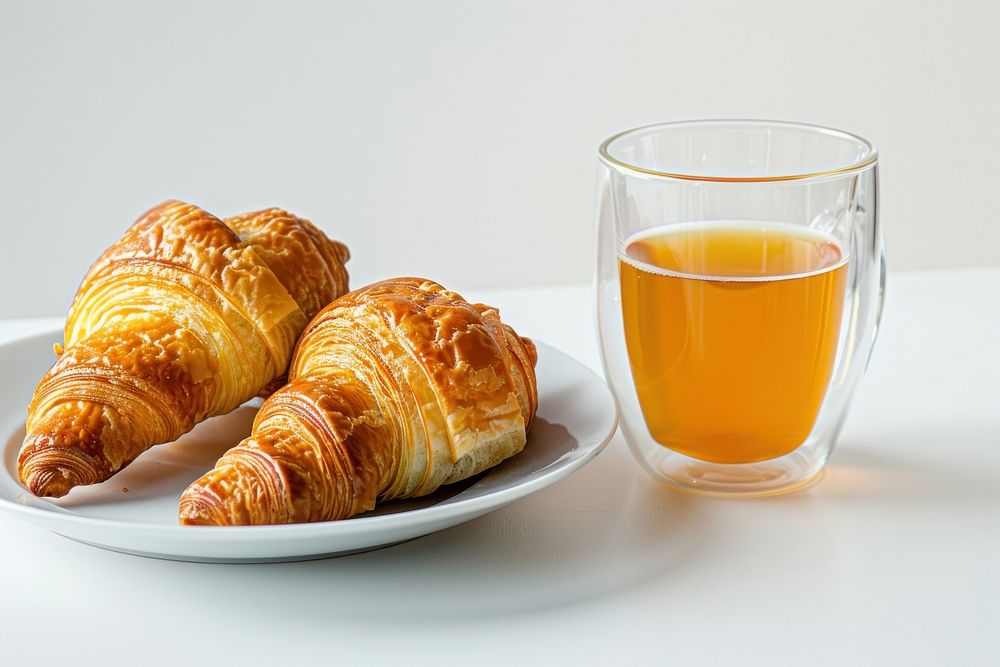Breakfast with croissants juice coffee drink.