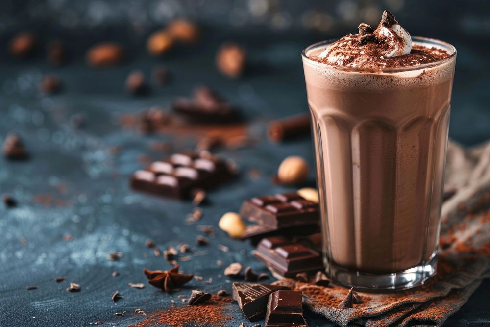 Cocoa shake in glass chocolate dessert drink.