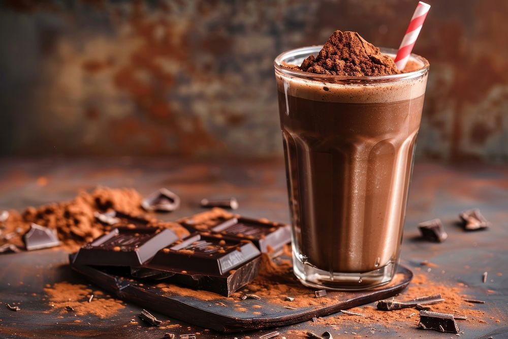 Cocoa shake in glass chocolate dessert drink.