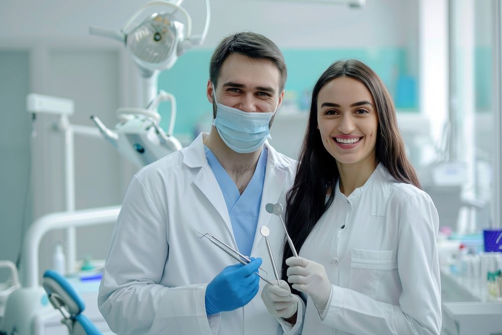 Couple modeling as doctors smiling togetherness cooperation.