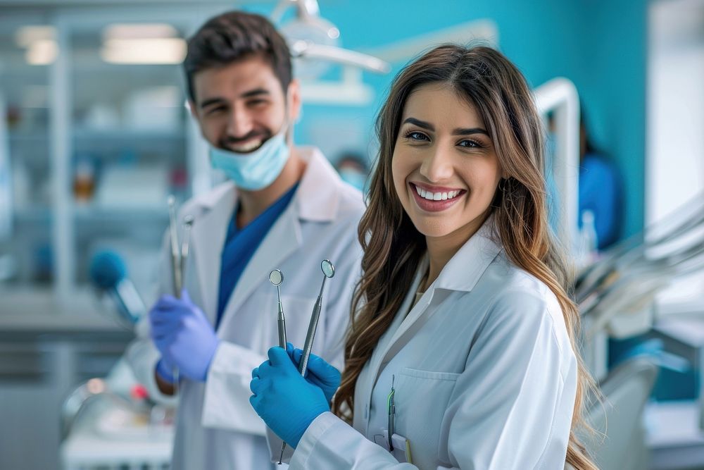 Couple modeling as doctors smiling biochemistry technician.