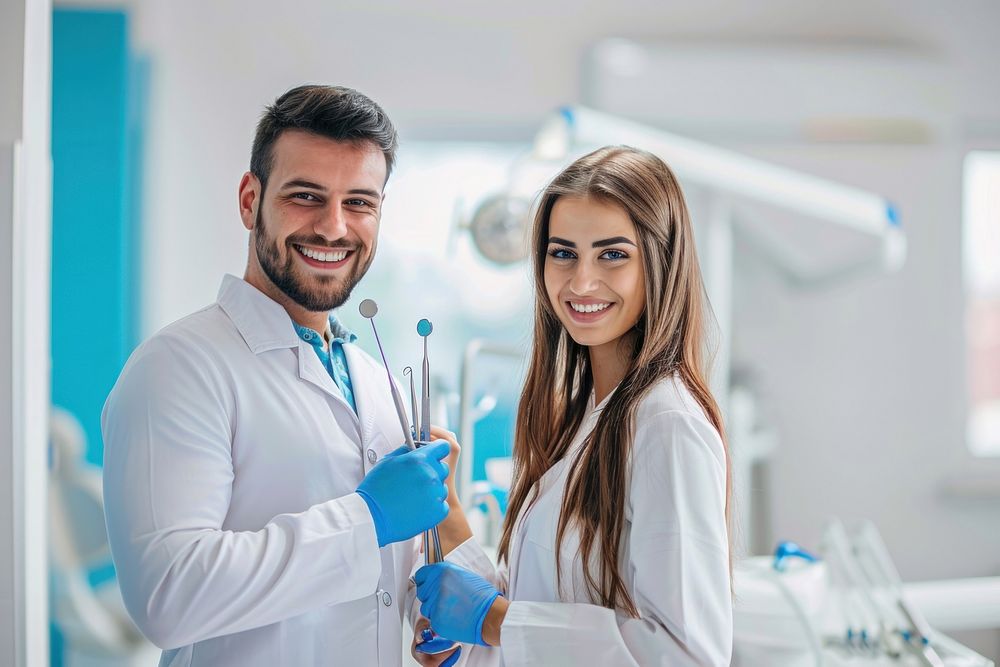 Couple modeling as doctors smiling togetherness technician.