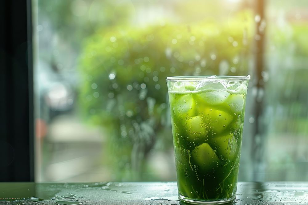 Fresh ice matcha in glass cocktail mojito drink.