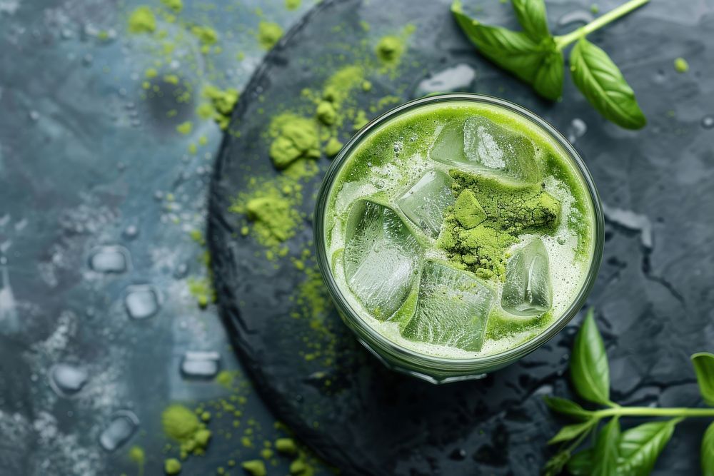 Fresh ice matcha in glass cocktail mojito drink.