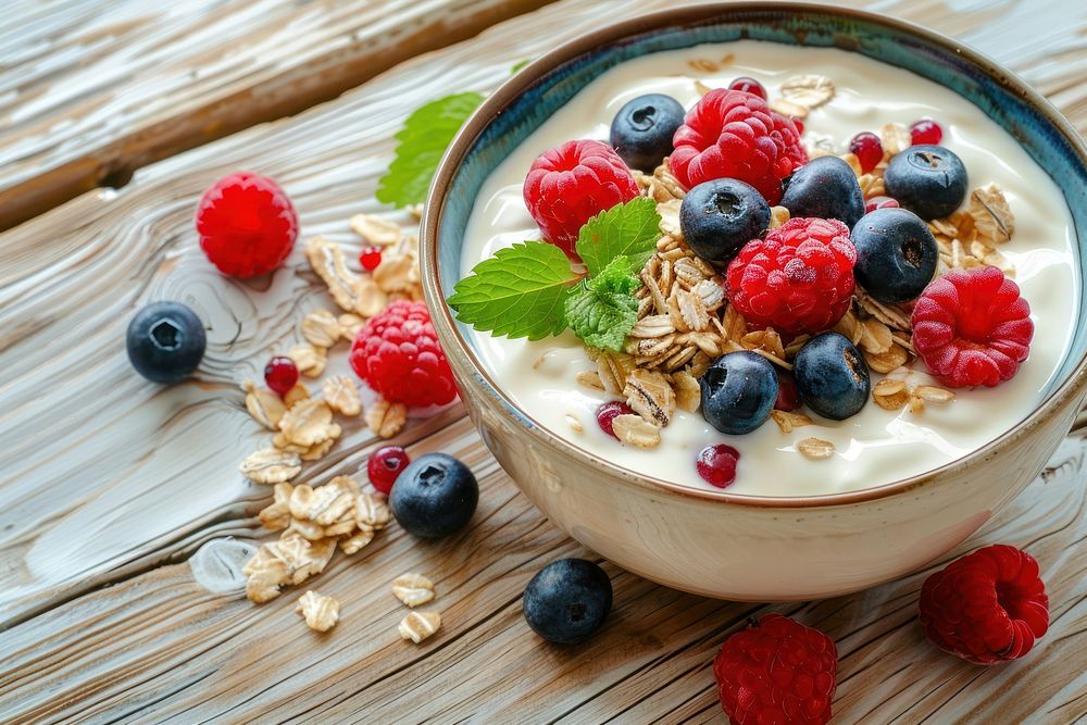 Healthy breakfast berries muesli food.
