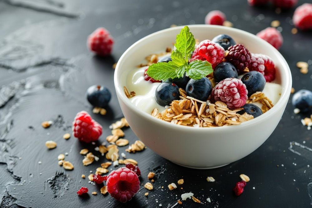 Healthy breakfast granola dessert berries.