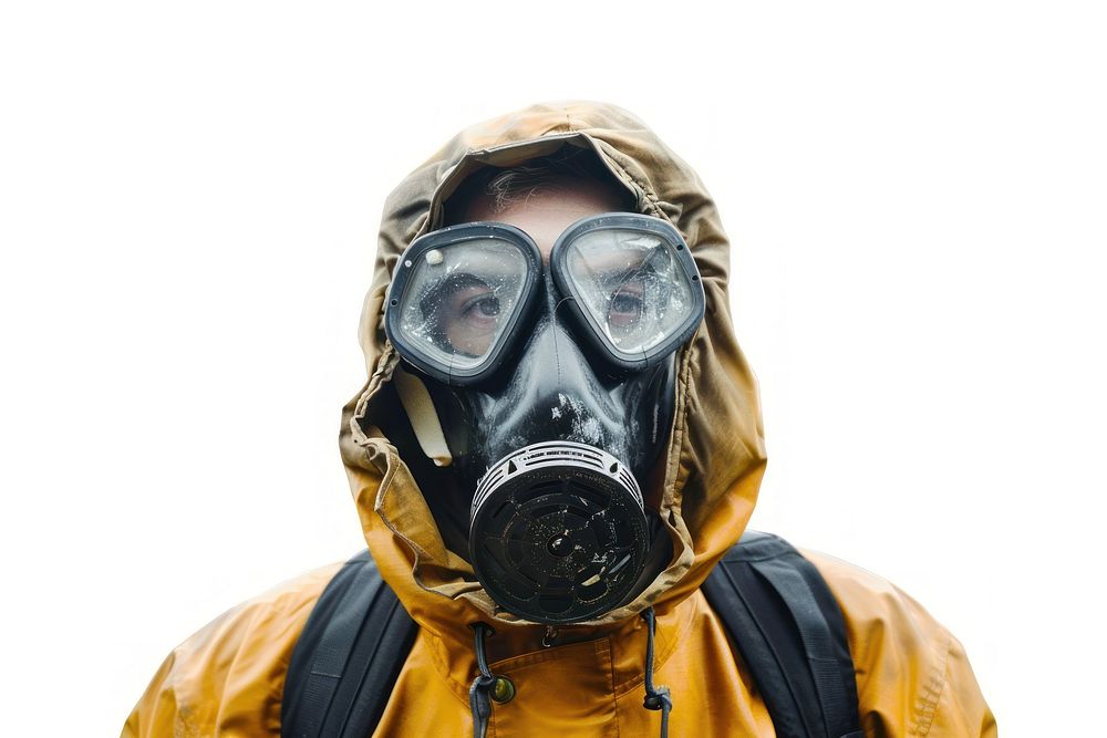 Man wearing radioactive mask protection sweatshirt disguise.