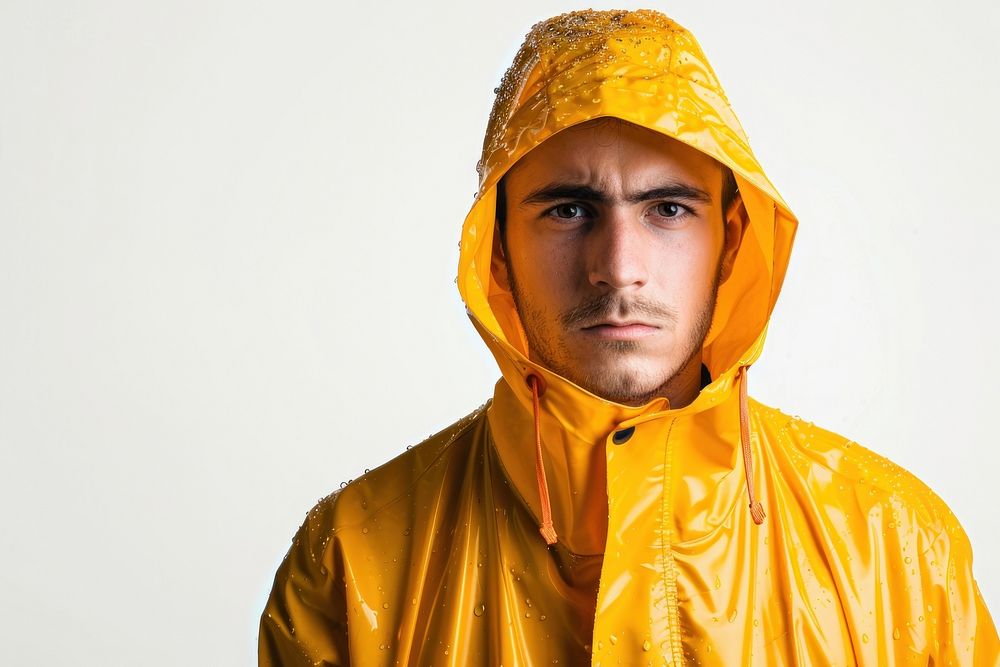 Man wearing raincoat sweatshirt protection portrait.