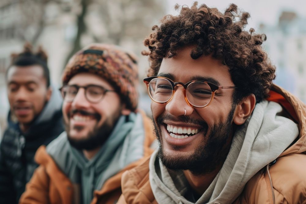 Men looking happy portrait laughing glasses.