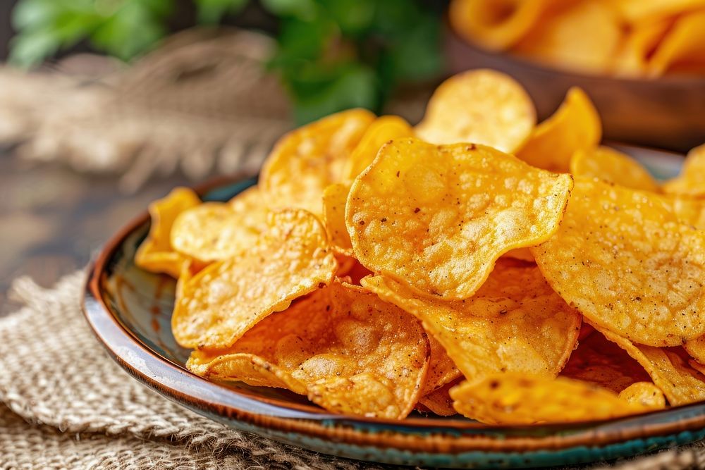 Potato chips on the plate snack food vegetable.