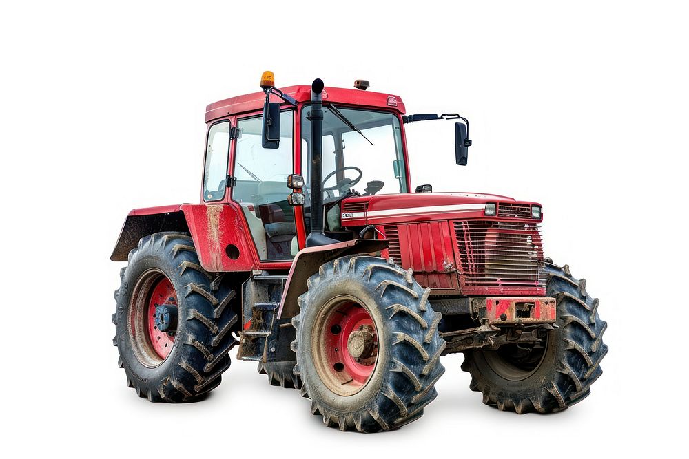 Red farm tractor vehicle wheel white background.