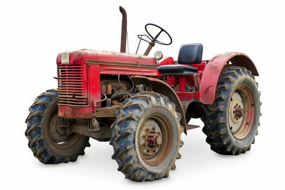Red farm tractor vehicle wheel white background.