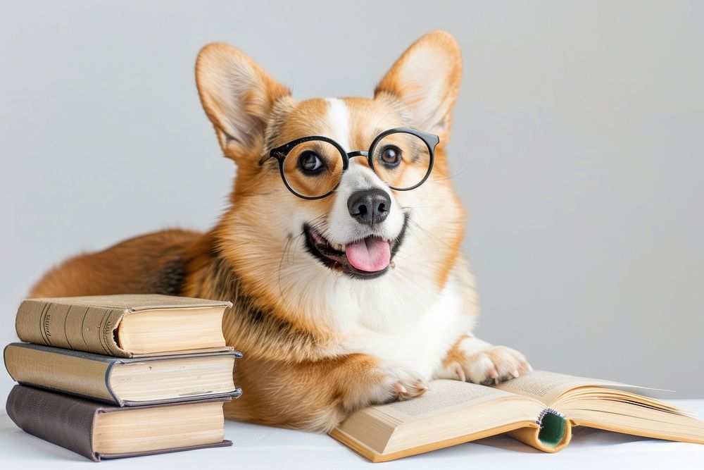 Smart funny corgi dog book publication studying.