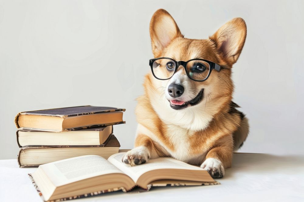 Smart funny corgi dog glasses reading book.