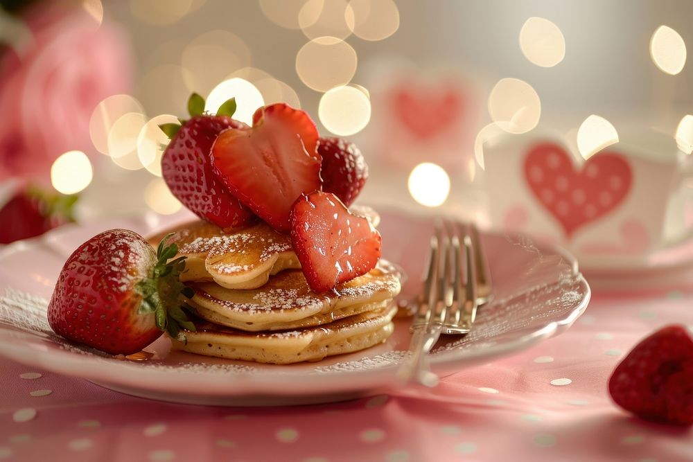 Smile for sweet breakfast with love strawberry pancake brunch.