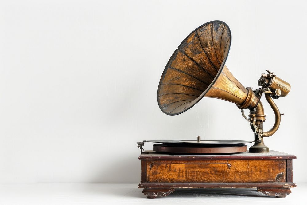 Old record player with horn broadcasting technology gramophone.