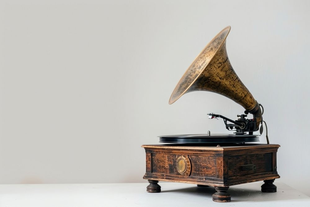 Old record player with horn technology gramophone nostalgia.