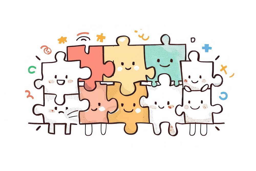 Puzzle pieces with teamwork doodle person human game.