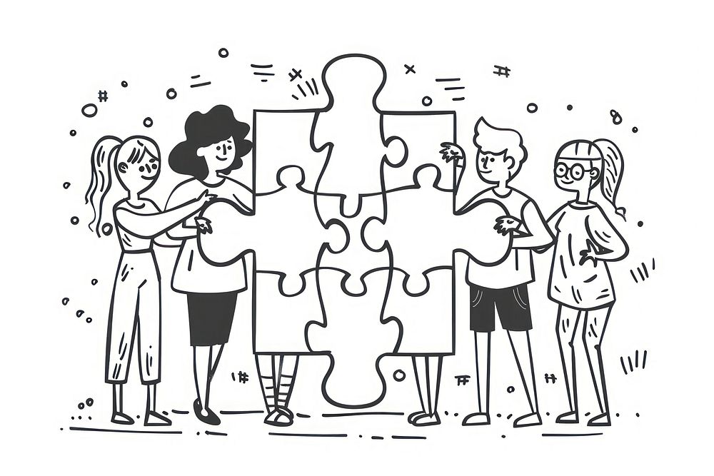 Teamwork people with puzzle doodle illustrated drawing person.