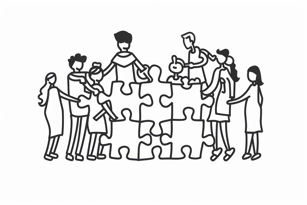 Teamwork people with puzzle doodle illustrated  drawing.