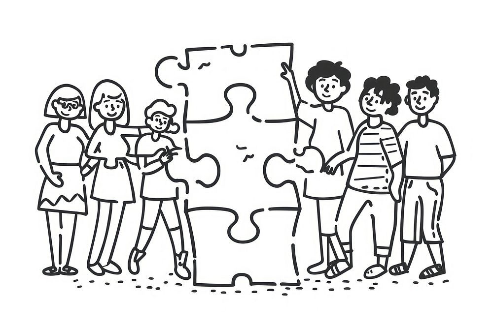 Teamwork people with puzzle doodle illustrated drawing person.