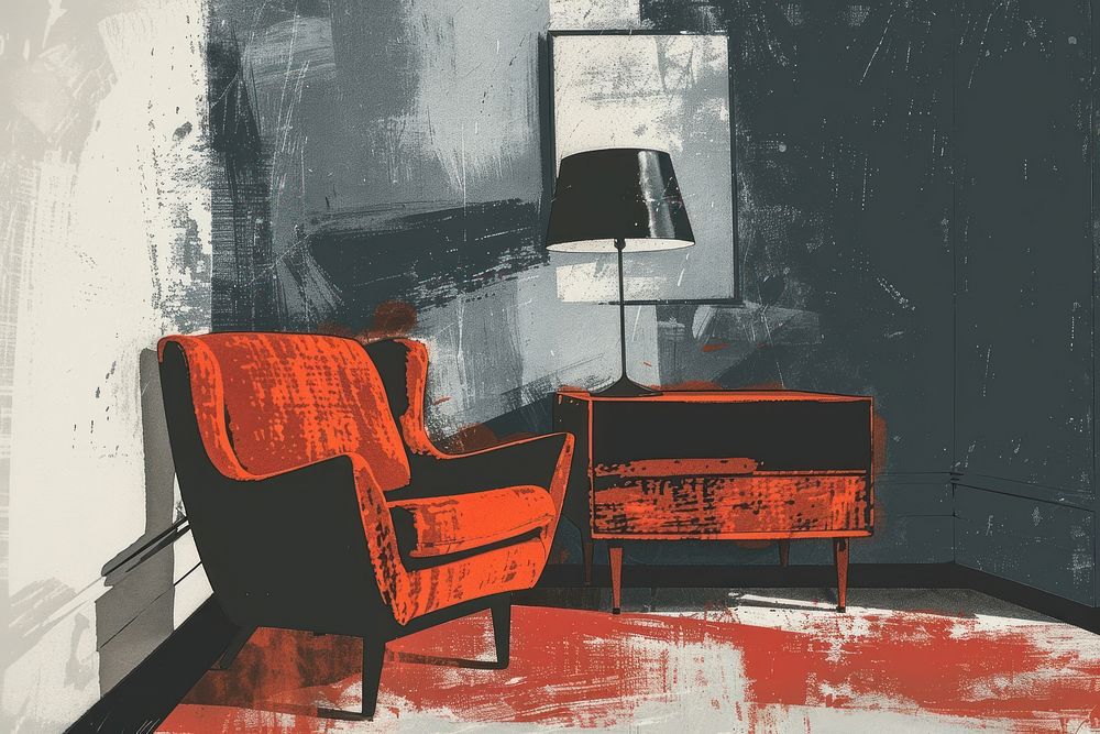 Silkscreen illustration of furniture armchair black art.