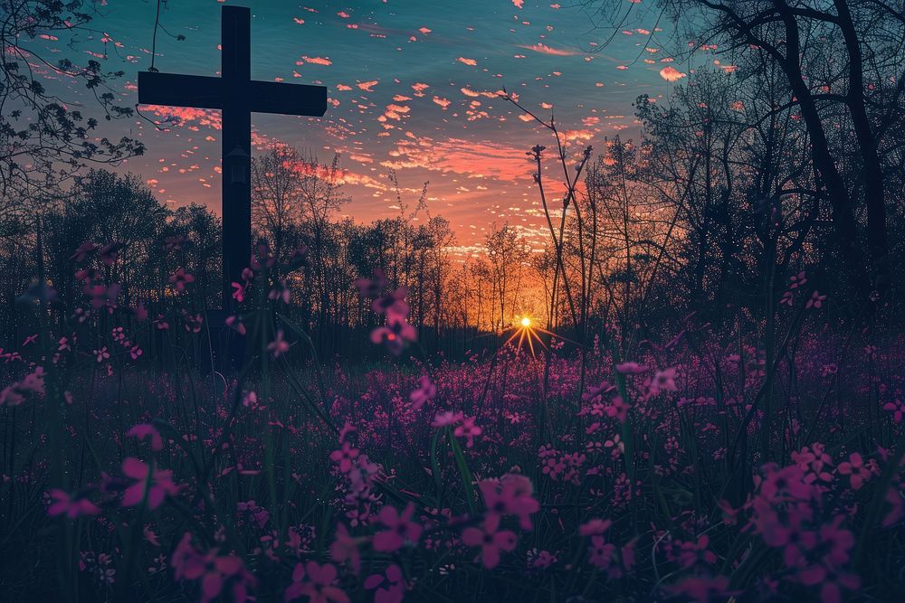 Sunset and Christian cross blossom forest vegetation.