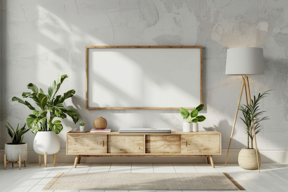 Picture frame mockups electronics furniture sideboard.
