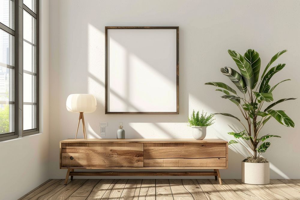 Picture frame mockups wood furniture sideboard.