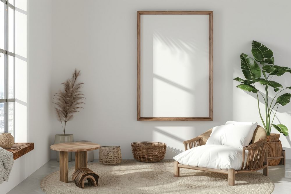 Picture frame mockups on wall furniture painting indoors.