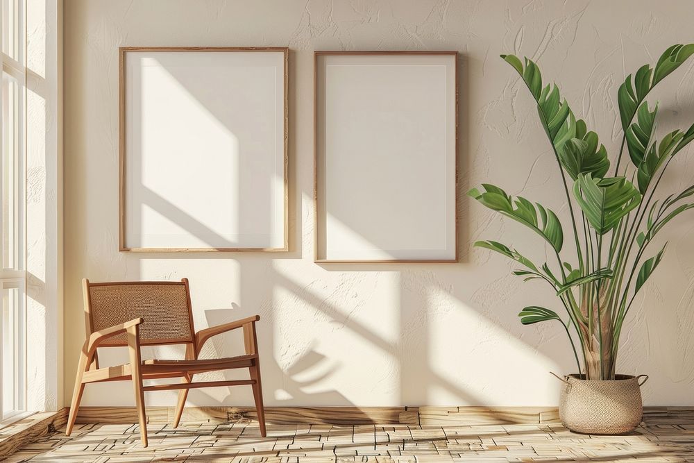 Picture frame mockups on wall furniture windowsill indoors.