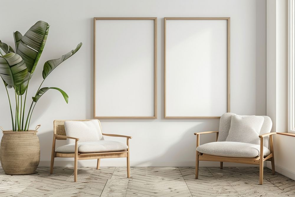 Blank picture frame mockups furniture armchair indoors.
