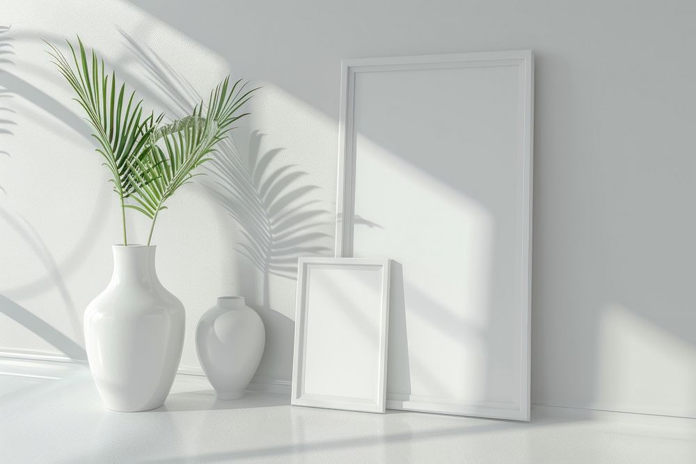 White blank picture frame mockups windowsill pottery planter.