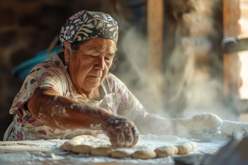 Senior hispanic woman cooking homemade bread in her kitchen female person adult.