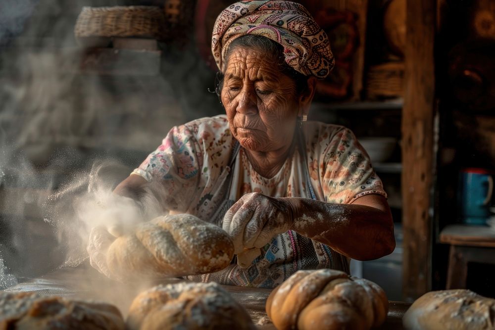 Senior hispanic woman cooking homemade bread in her kitchen female person tattoo.