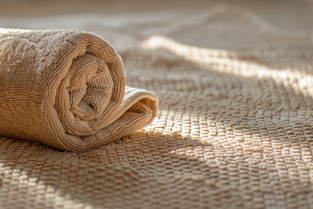 Calming and warm domestic scene with a focus on a neatly rolled-up light brown towel resting on a textured beige surface…