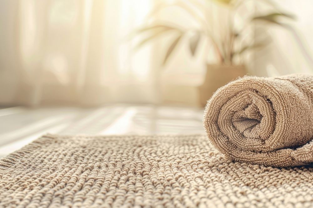 Calming and warm domestic scene with a focus on a neatly rolled-up light brown towel resting on a textured beige surface…