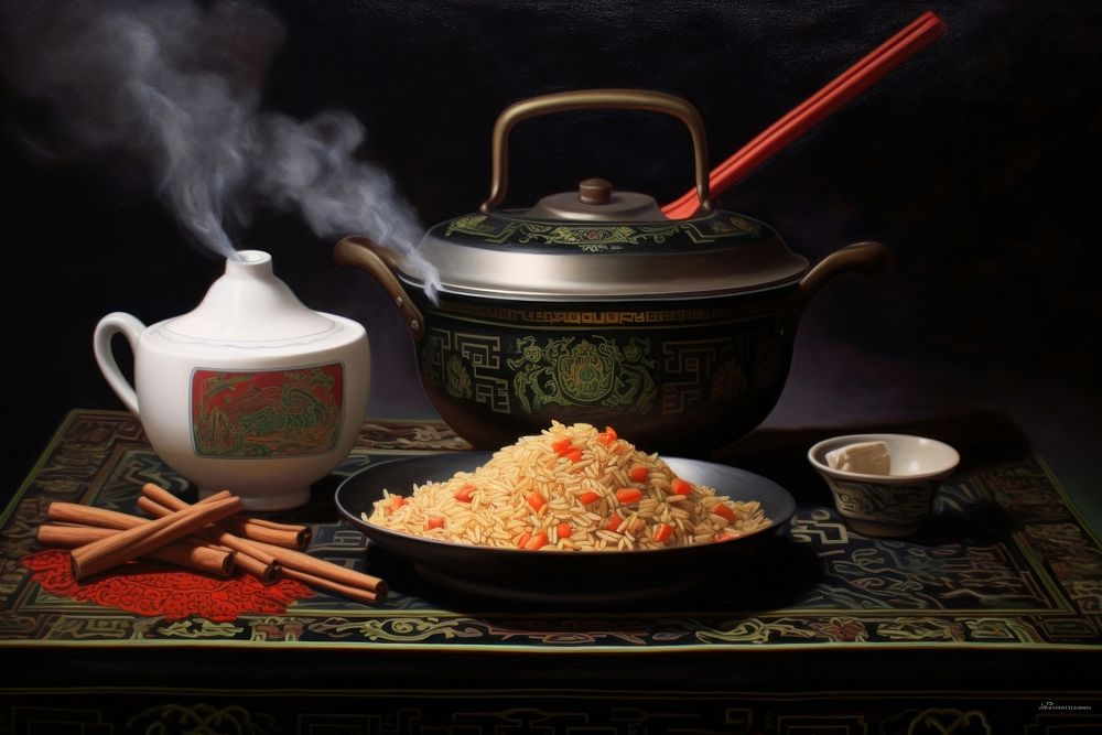 Fried rice on wok and Steam cookware pottery plate.
