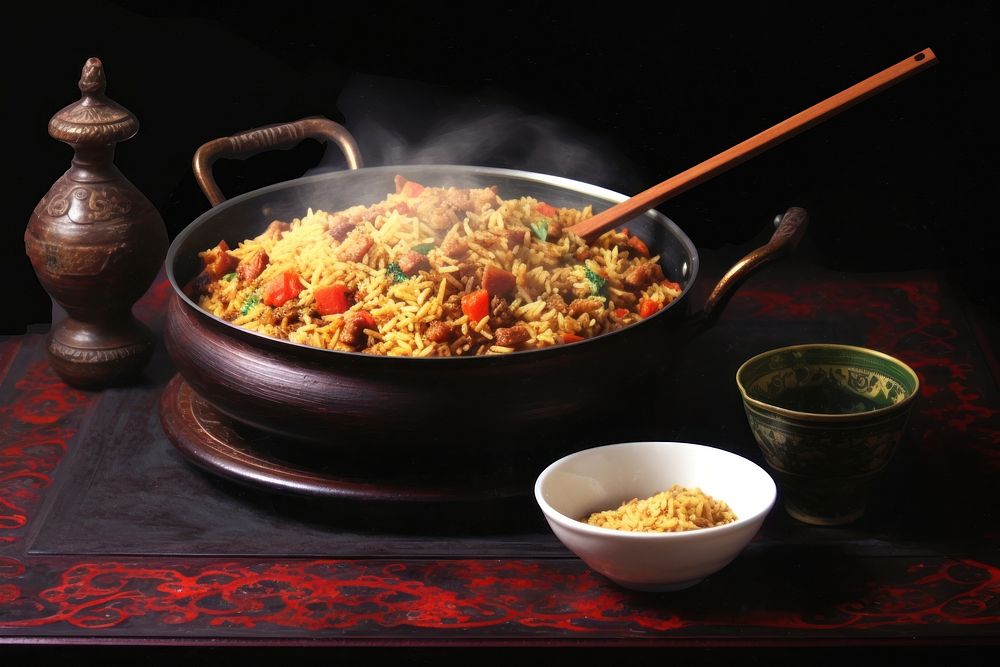 Fried rice on wok and Steam chopsticks cookware food.