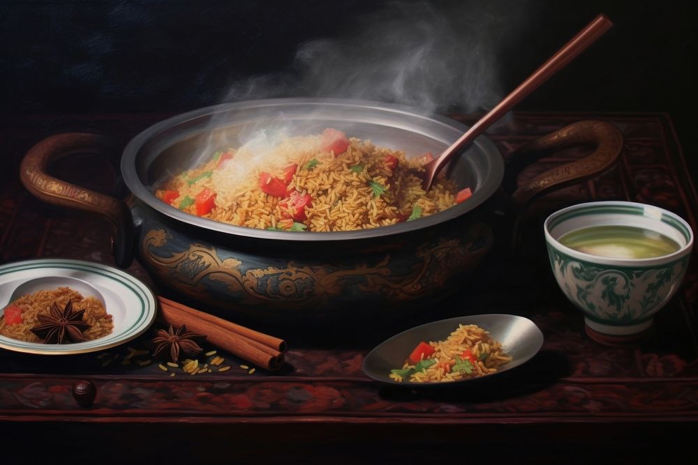 Fried rice on wok and Steam chopsticks cookware plate.