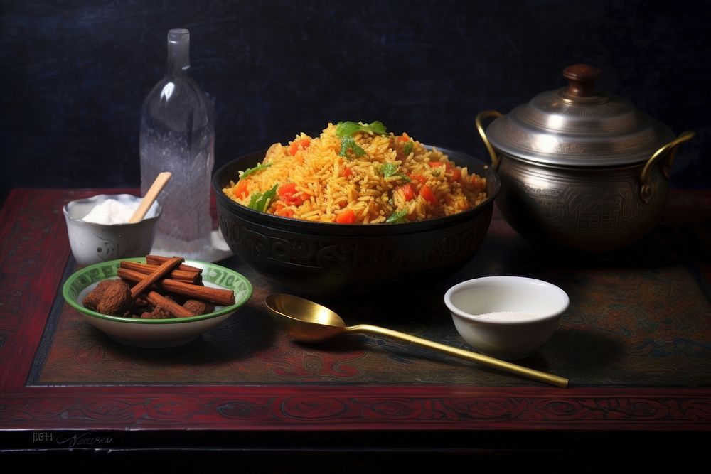 Fried rice on wok and Steam chopsticks furniture cookware.