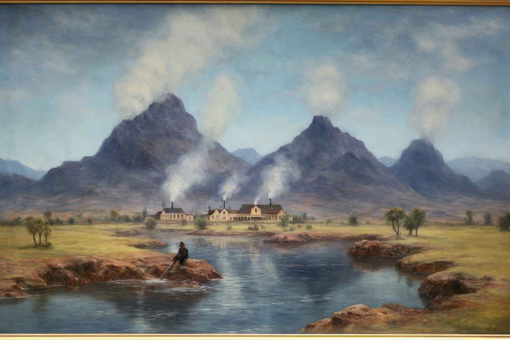 Hot springs and Steam painting landscape mountain.