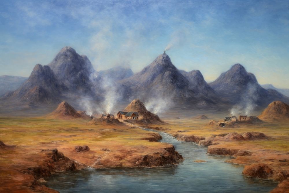 Hot springs and Steam painting landscape mountain.