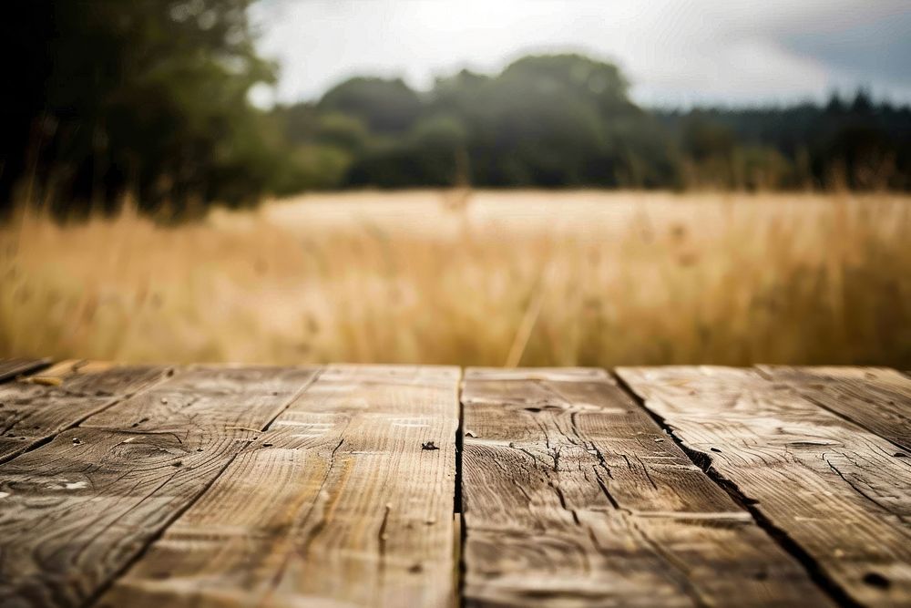 Wooden table background on a blur cornfield wood architecture photography.