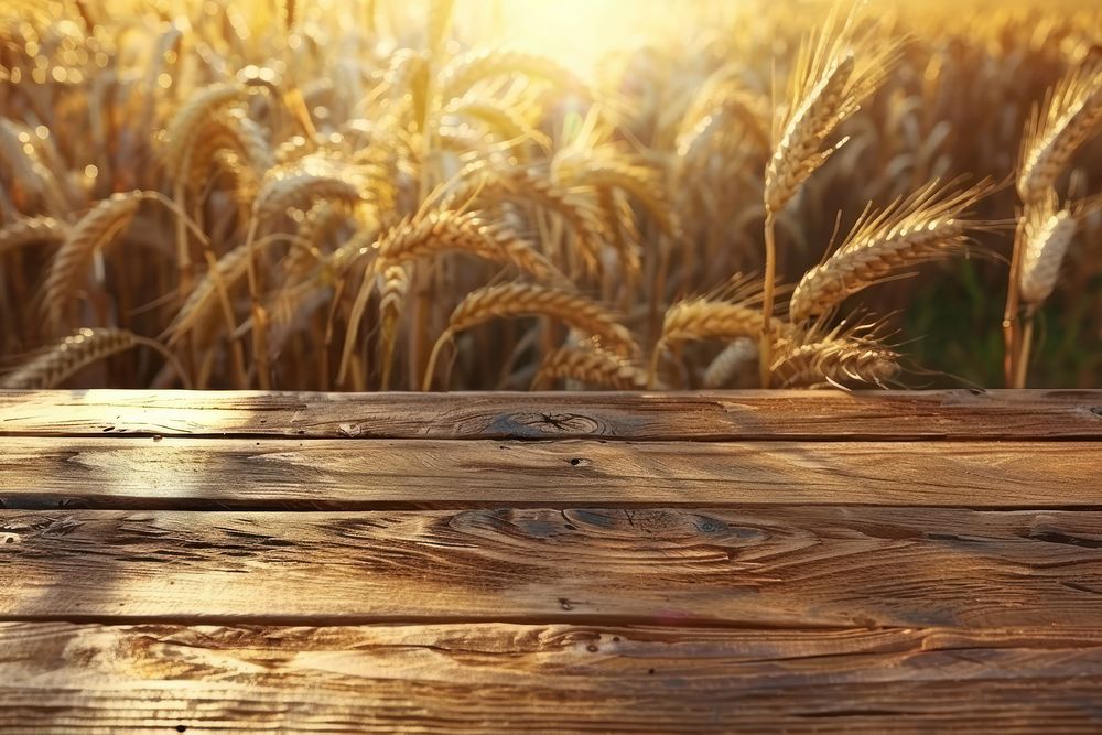 Wooden table background on a blur cornfield wood countryside agriculture.