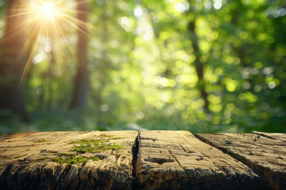 Wooden table background on a blur garden vegetation outdoors sunlight.